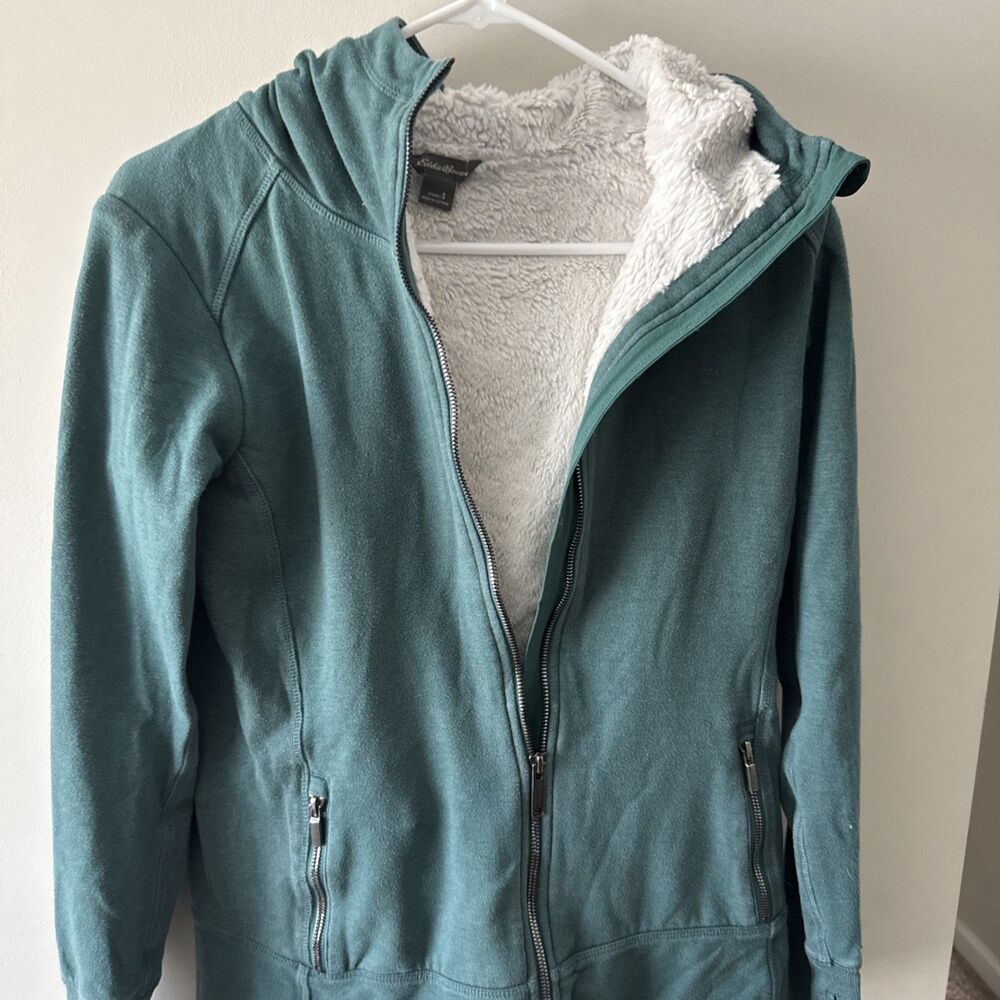 Eddie Bauer Zip Up Hoodie Women's Small Green White Faux Fur Lined Cozy Jacket